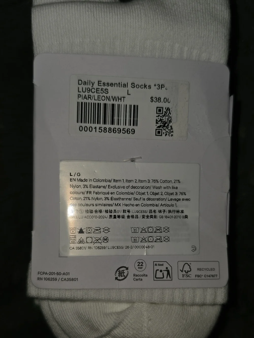 Lululemon Daily Essentials Quarter Length Socks, Nwts Sz Large!! PIAR,LEON, WHT